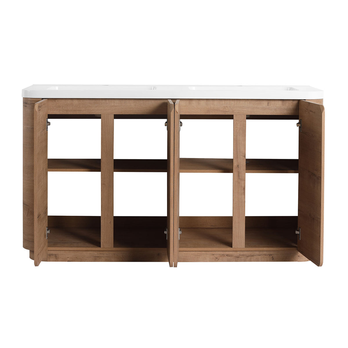 60 inch bathroom vanity with spacious storage and adjustable shelves behind four soft-close doors