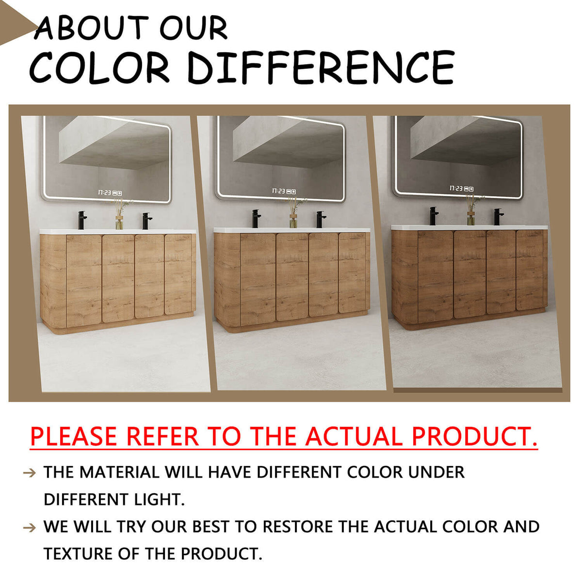 60 inch white oak bathroom vanity finish shown under different lighting conditions