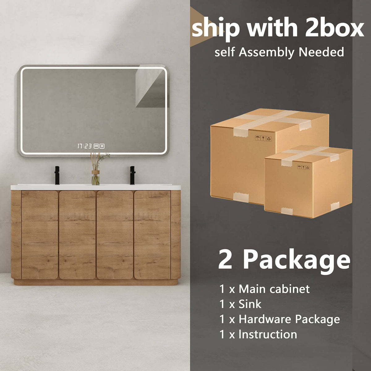 60 inch white oak bathroom vanity shipped in 2 separate packages