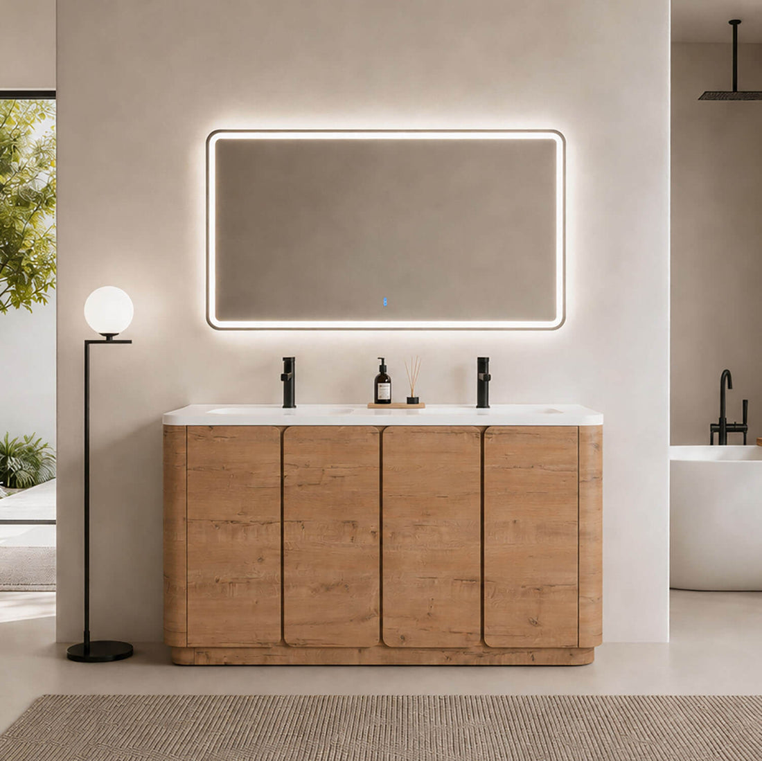 60 inch white oak bathroom vanity with double resin sink and 4 soft-close doors