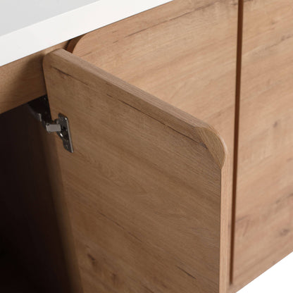 60 inch white oak bathroom vanity with rounded corners and integrated hidden handles