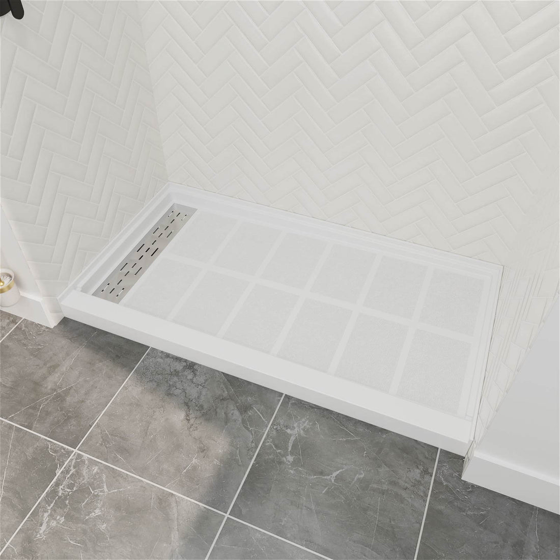 60 x 34 inch White Shower Base with Left Drain Removable Stainless Cover