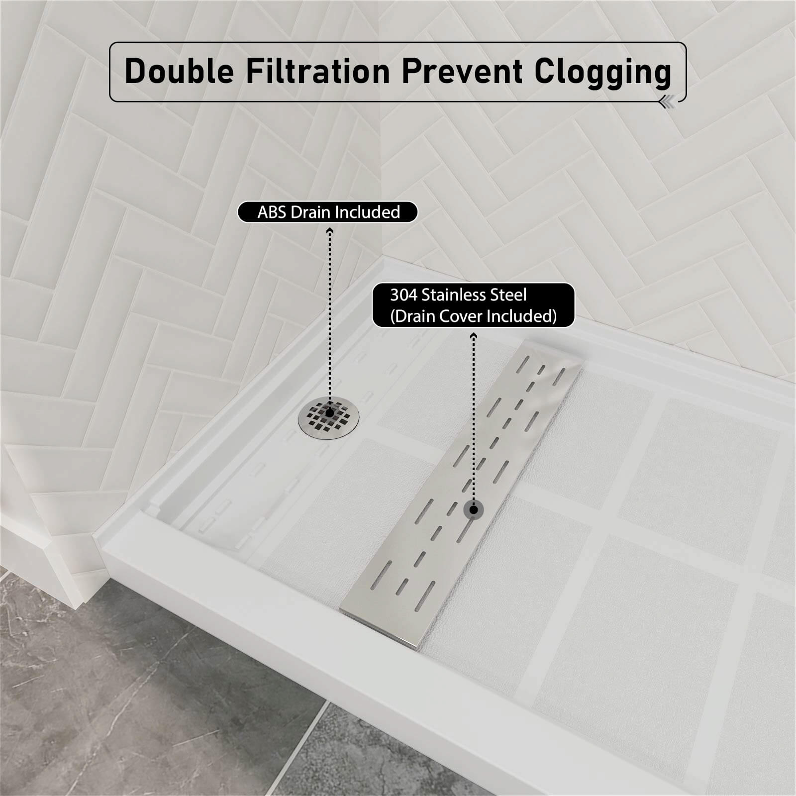 60 x 34 inch White Shower Base with Removable Stainless Cover