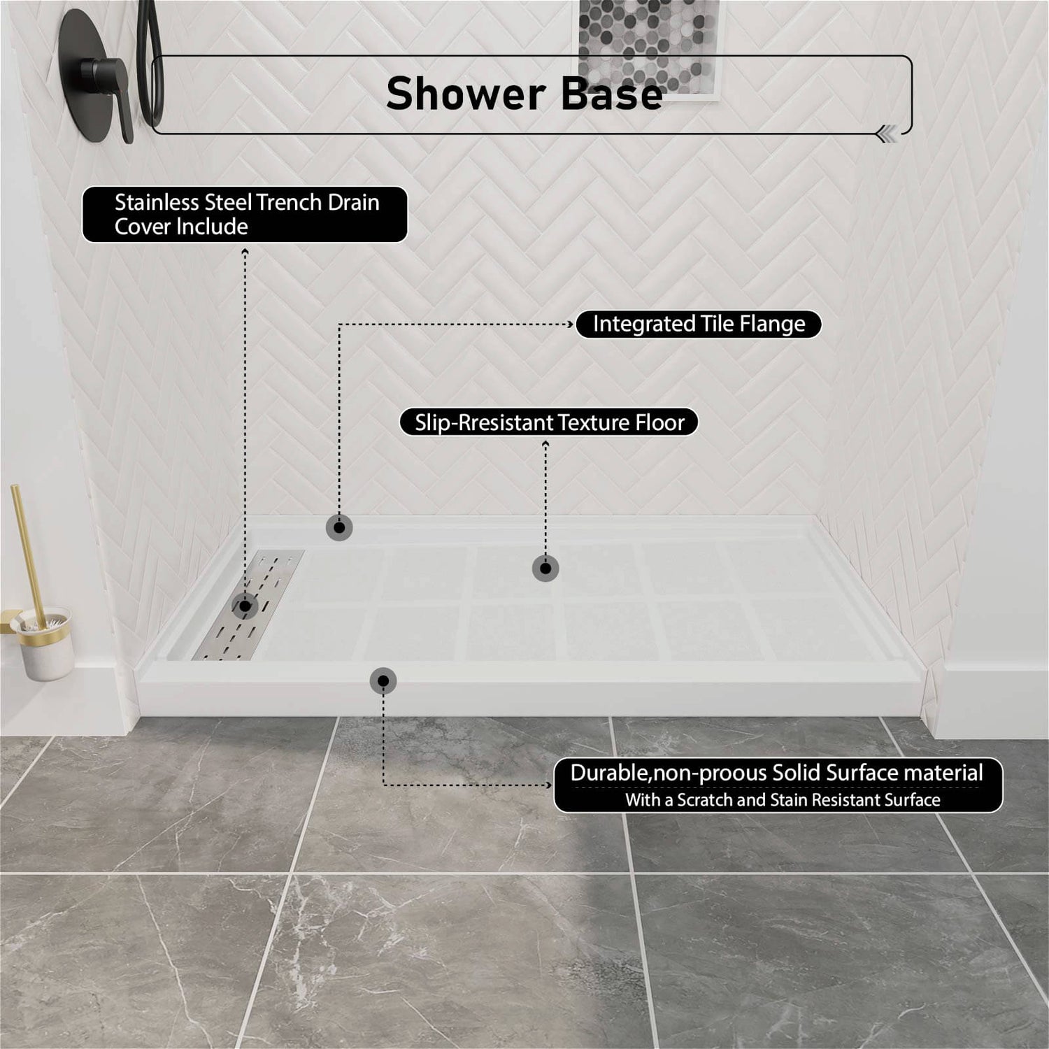 60 x 34 inch White Solid Surface Shower Base with Left Drain