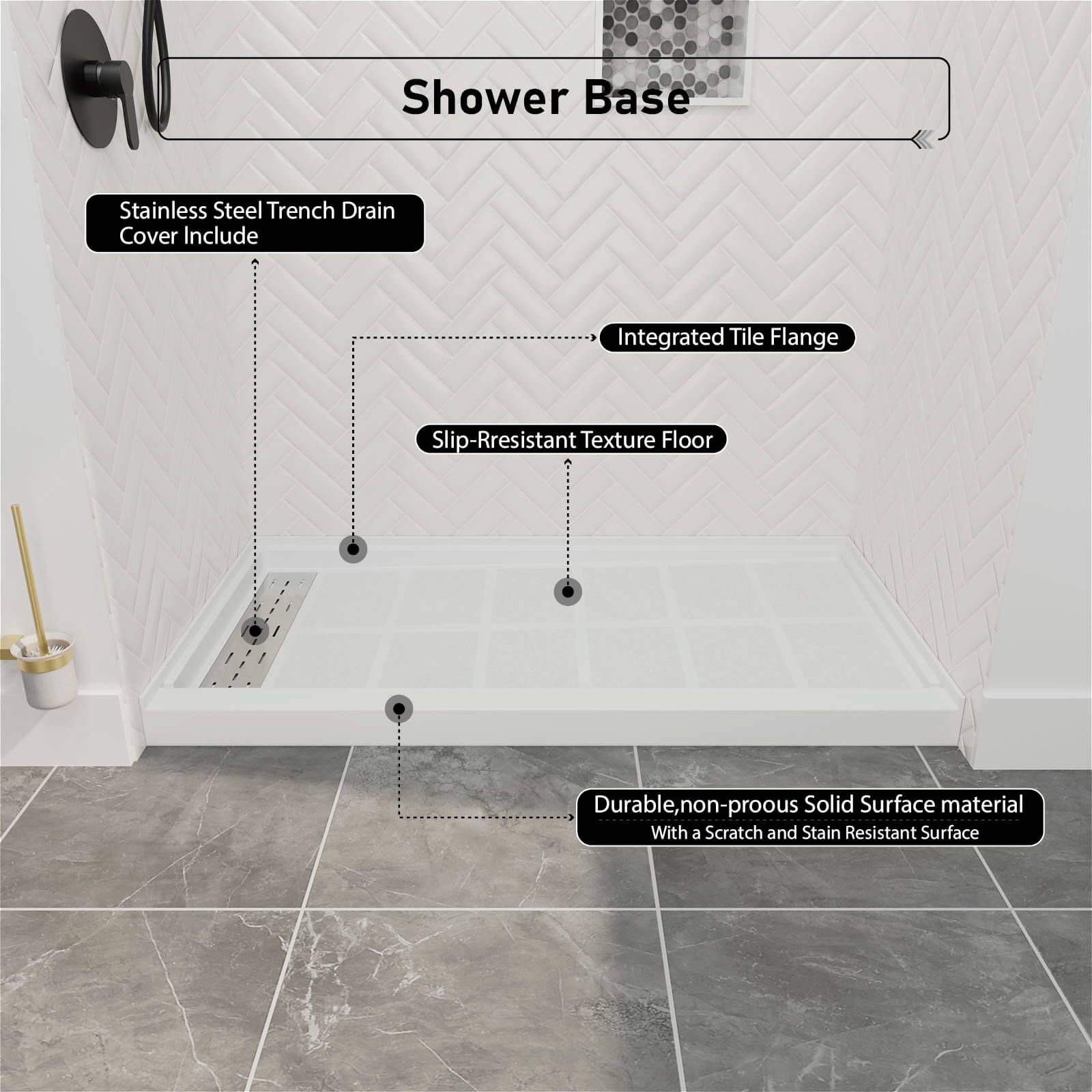 60 x 34 inch White Solid Surface Shower Base with Left Drain