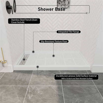 60 x 34 inch White Solid Surface Shower Base with Left Drain