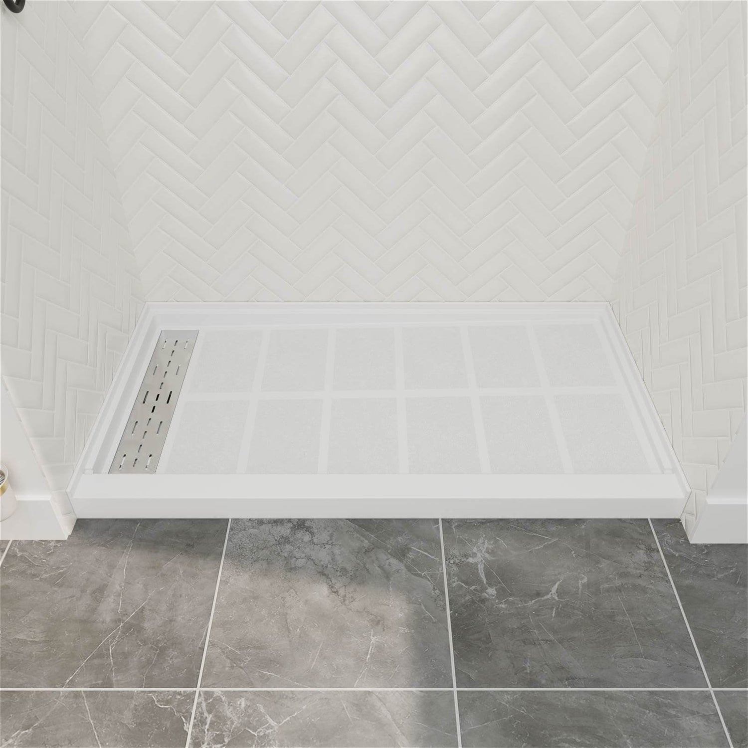 60 x 34 inch White Solid Surface Shower Base with Left Drain