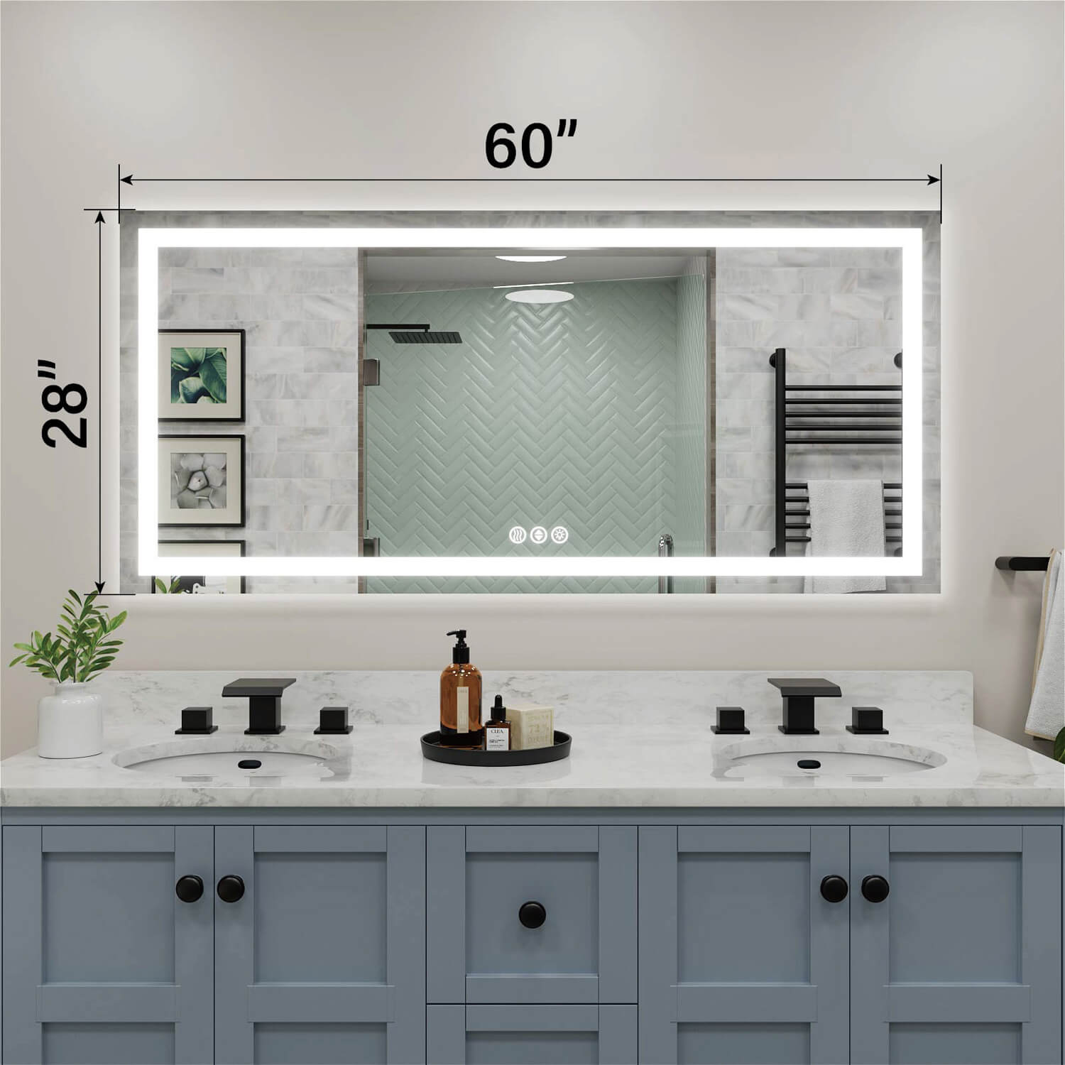 60x28 inch LED bathroom mirror with dimension markings and edge light strip