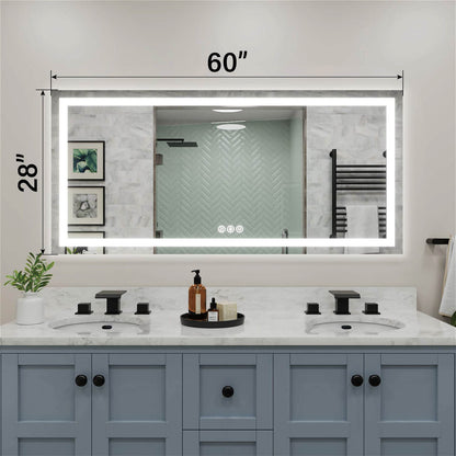 60x28 inch LED bathroom mirror with dimension markings and edge light strip