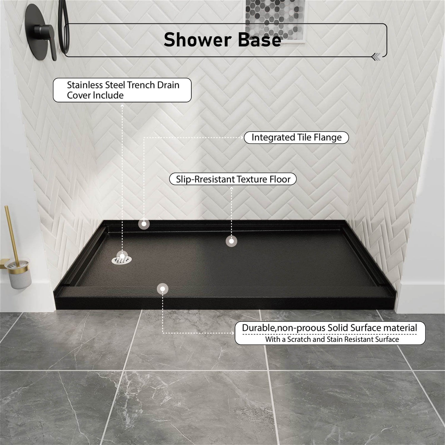 60&quot; x 32&quot; Single Threshold Left Drain Shower Base with Stainless Steel Drain Cover