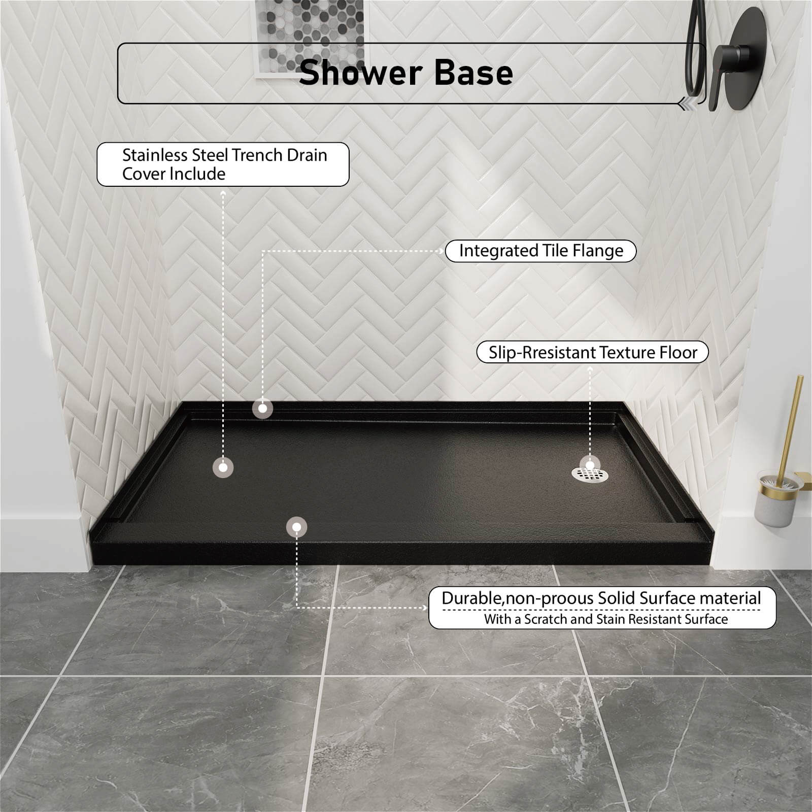 60&quot; x 32&quot; Single Threshold Right Drain Shower Base with Stainless Steel Drain Cover