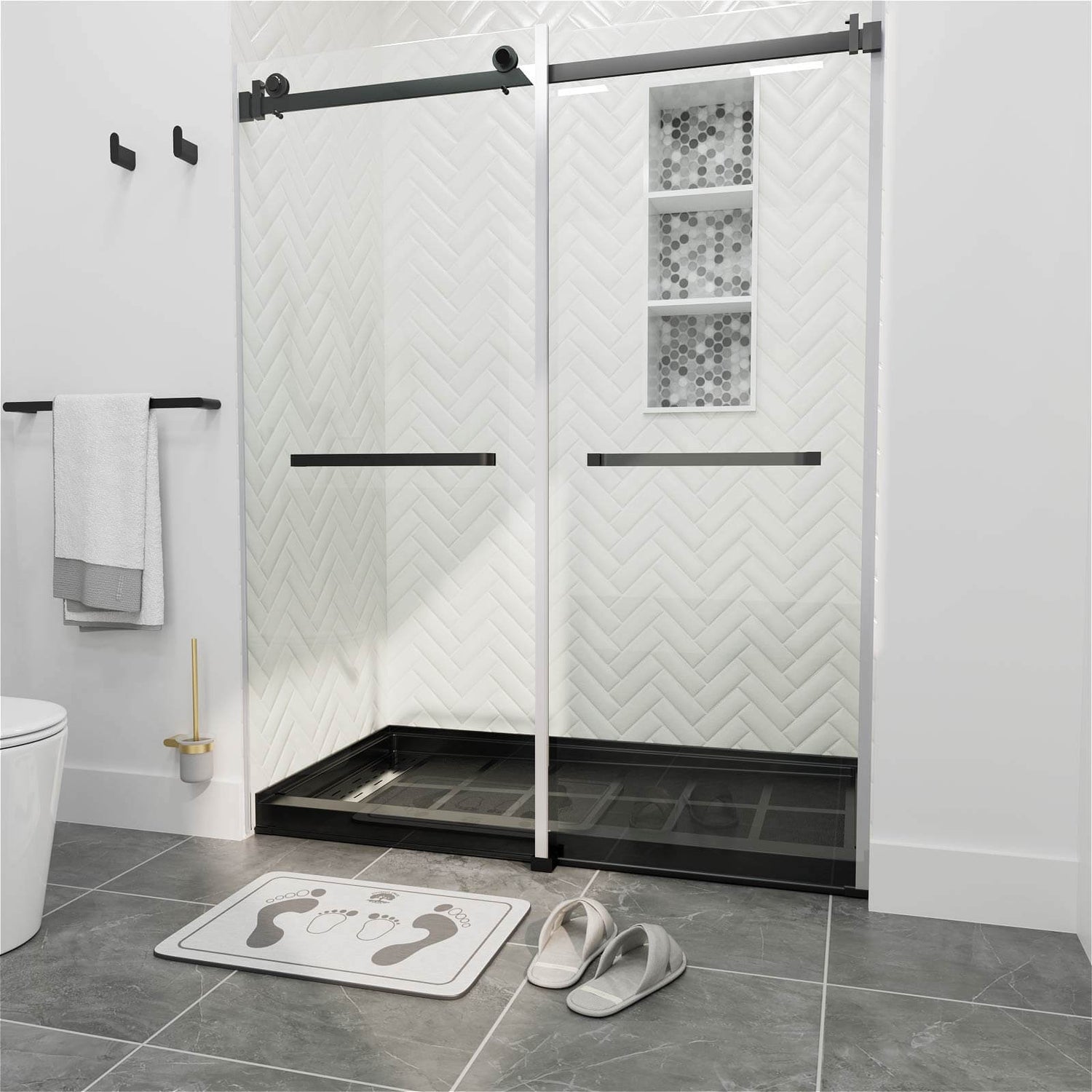 60&quot; x 34&quot; Black Shower Base with Left Drain Removable Stainless Cover, Non-Slip Texture, Solid Surface