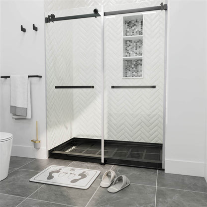 60&quot; x 34&quot; Black Shower Base with Left Drain Removable Stainless Cover, Non-Slip Texture, Solid Surface