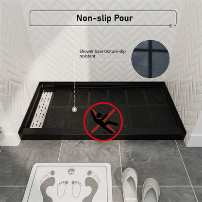 60&quot; x 34&quot; Black Shower Base with Left Drain Removable Stainless Cover, Non-Slip Texture, Solid Surface