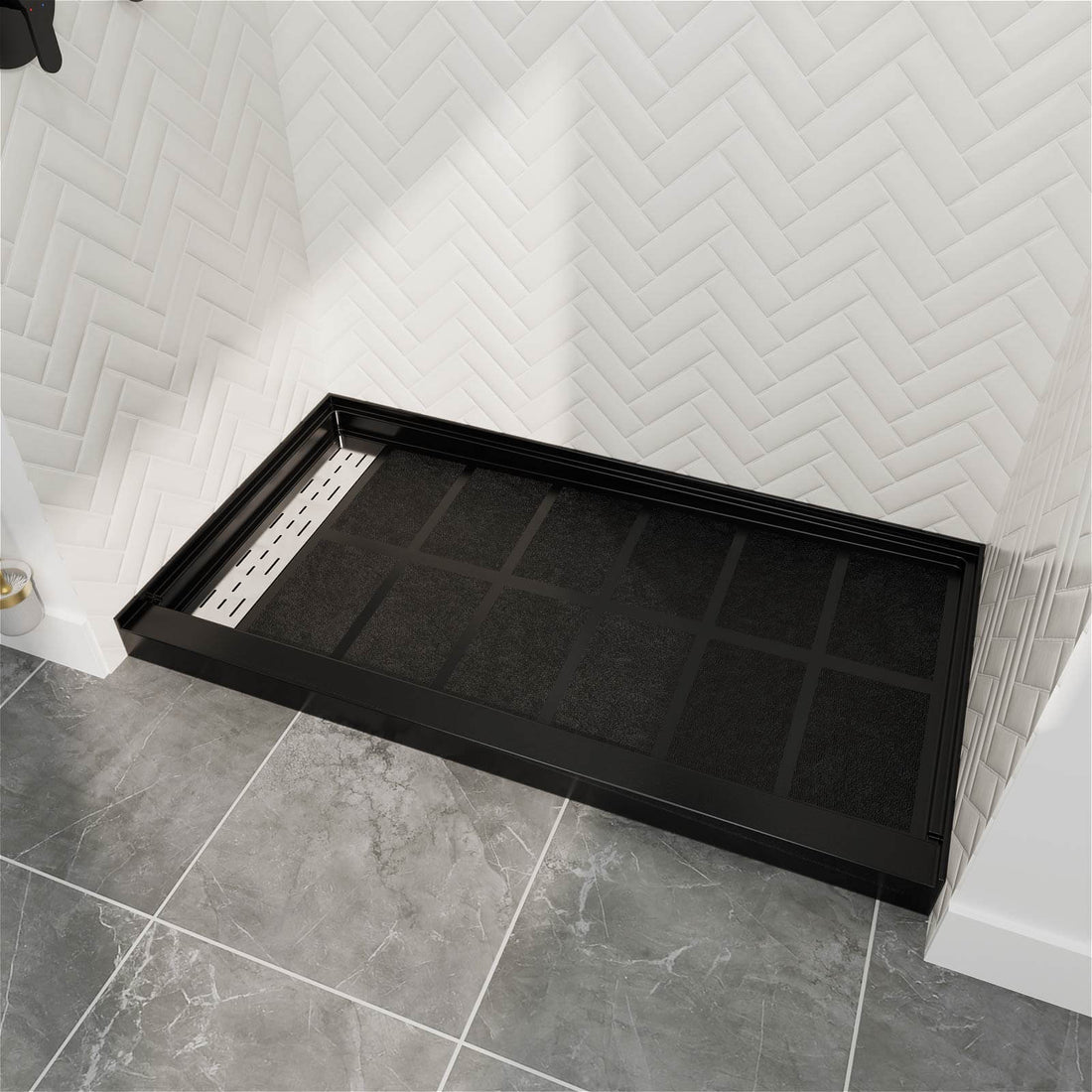 60" x 34" Black Shower Base with Left Drain Removable Stainless Cover, Non-Slip Texture, Solid Surface