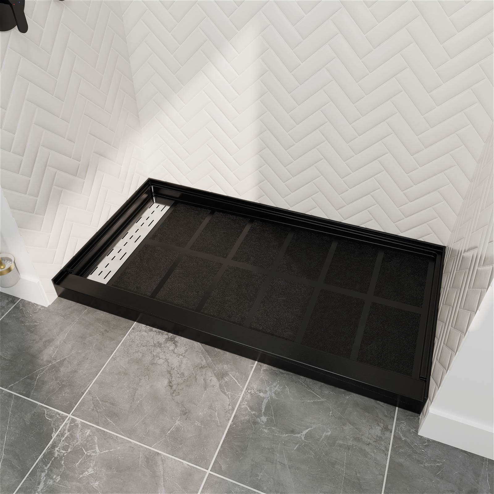 60&quot; x 34&quot; Black Shower Base with Left Drain Removable Stainless Cover, Non-Slip Texture, Solid Surface