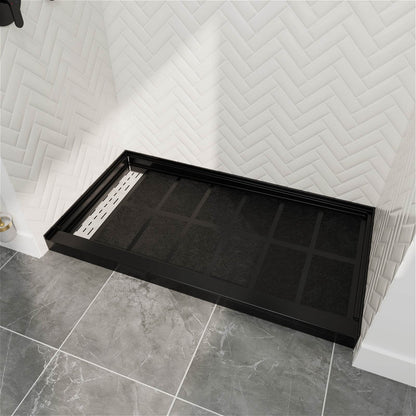 60&quot; x 34&quot; Black Shower Base with Left Drain Removable Stainless Cover, Non-Slip Texture, Solid Surface