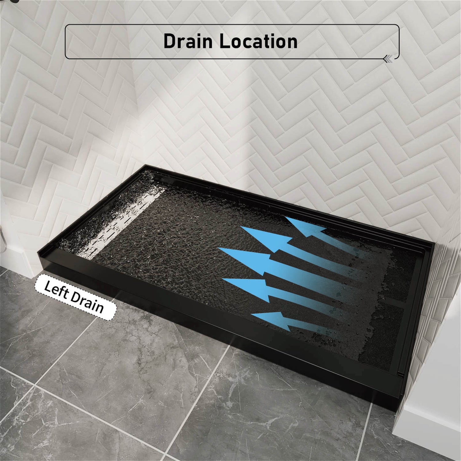 60&quot; x 34&quot; Black Shower Base with Left Drain Removable Stainless Cover, Non-Slip Texture, Solid Surface
