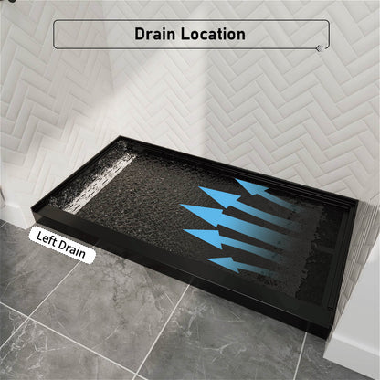 60&quot; x 34&quot; Black Shower Base with Left Drain Removable Stainless Cover, Non-Slip Texture, Solid Surface