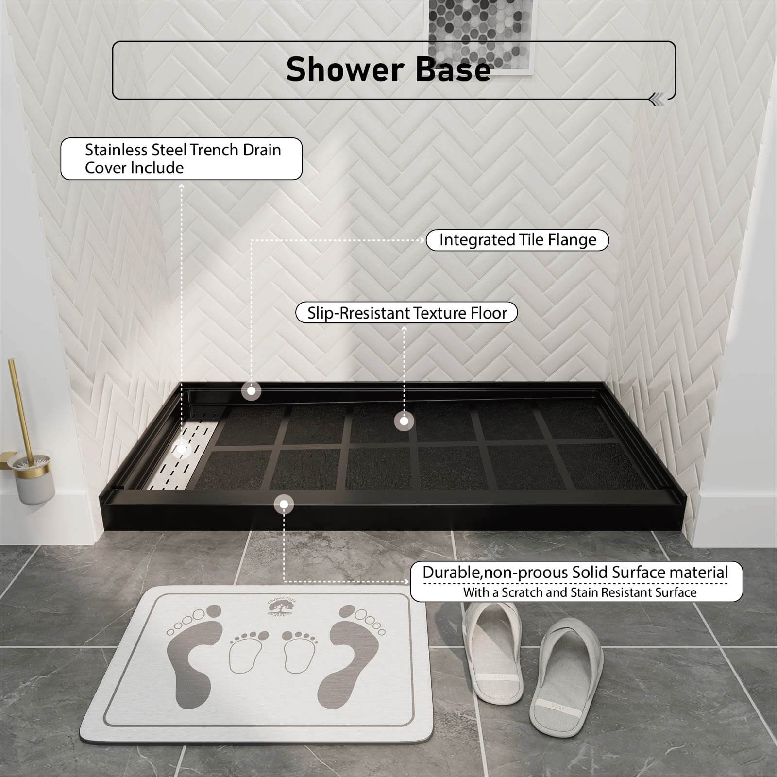 60&quot; x 34&quot; Black Shower Base with Left Drain Removable Stainless Cover, Non-Slip Texture, Solid Surface