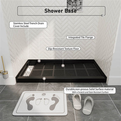 60&quot; x 34&quot; Black Shower Base with Left Drain Removable Stainless Cover, Non-Slip Texture, Solid Surface