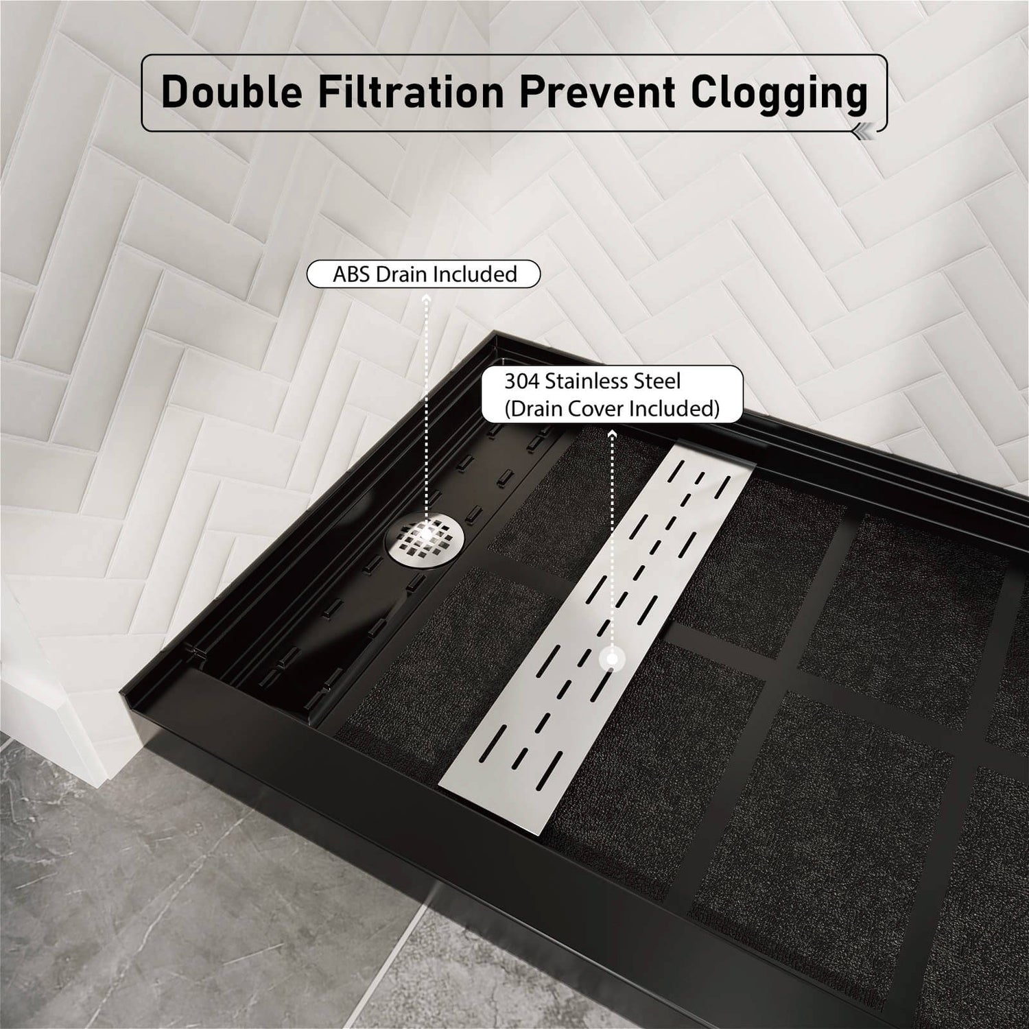 60&quot; x 34&quot; Black Shower Base with Left Drain Removable Stainless Cover, Non-Slip Texture, Solid Surface