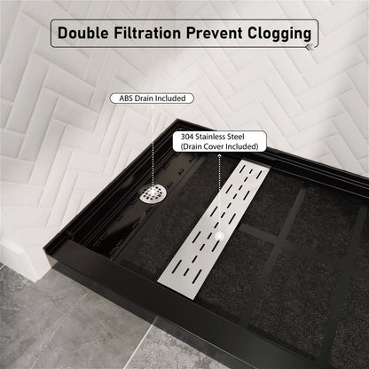60&quot; x 34&quot; Black Shower Base with Left Drain Removable Stainless Cover, Non-Slip Texture, Solid Surface