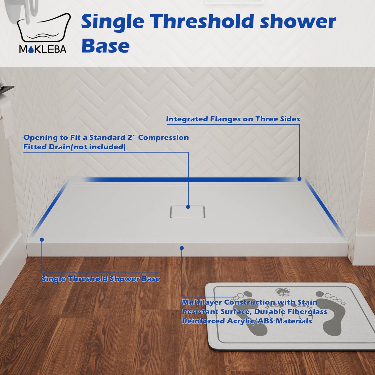 60x36 inch alcove shower base with reinforced construction