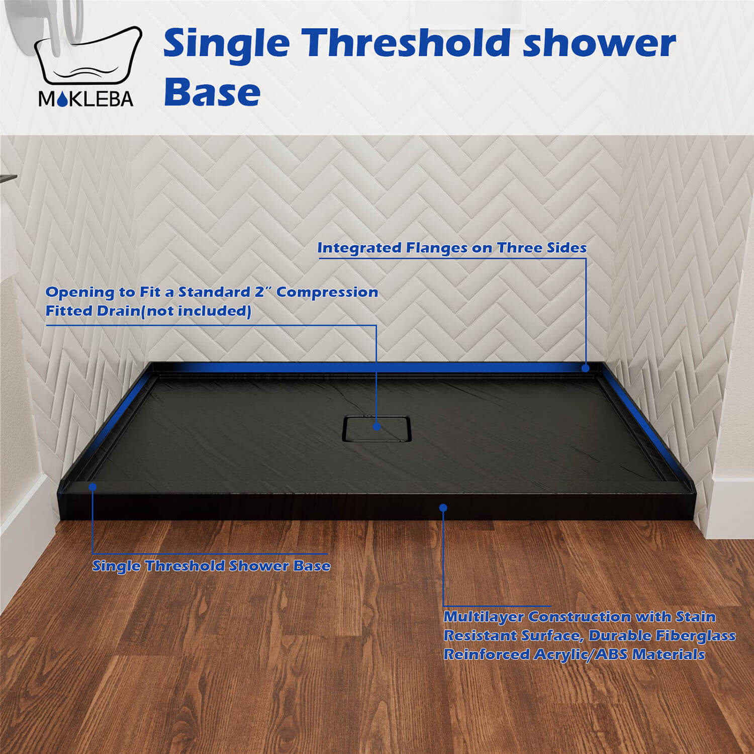 60x36 black shower base designed for alcove installation with 3-sided flange