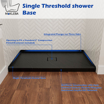 60x36 black shower base designed for alcove installation with 3-sided flange