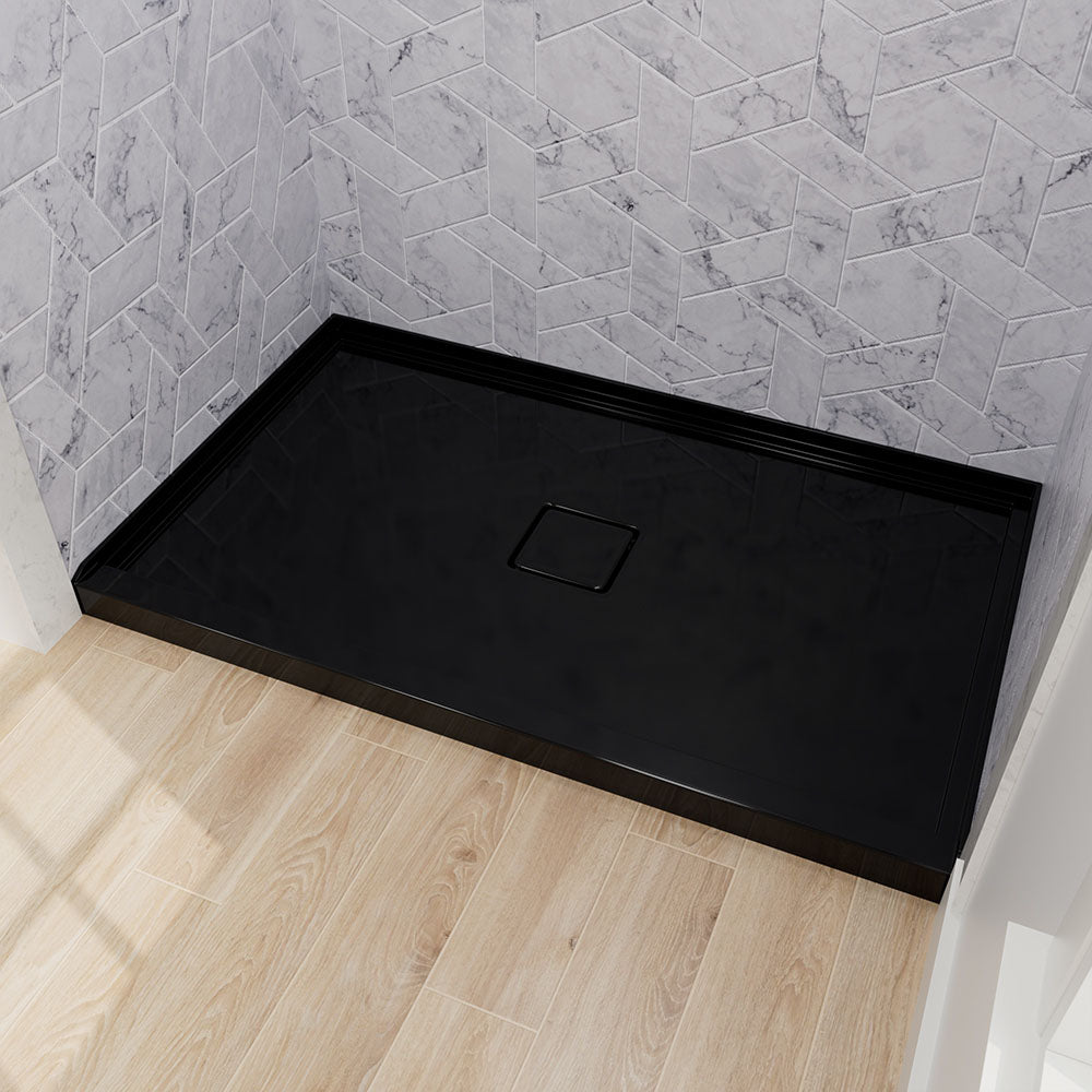 60x36 black shower base with alcove installation and modern bathroom design