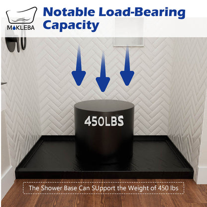60x36 black shower pan with reinforced support system for residential bathrooms