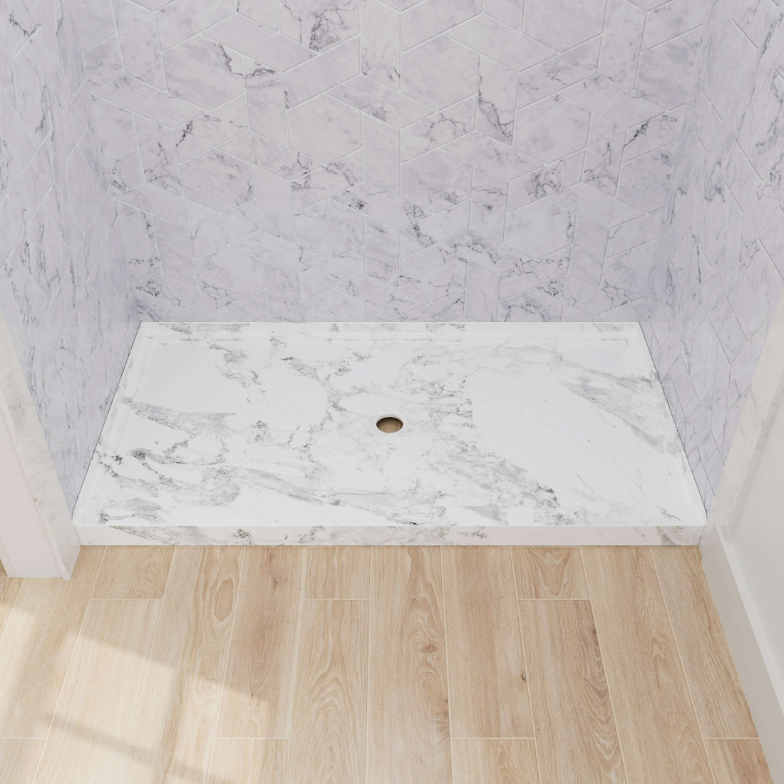 60x36 inch marble pattern shower base with single threshold and center drain design