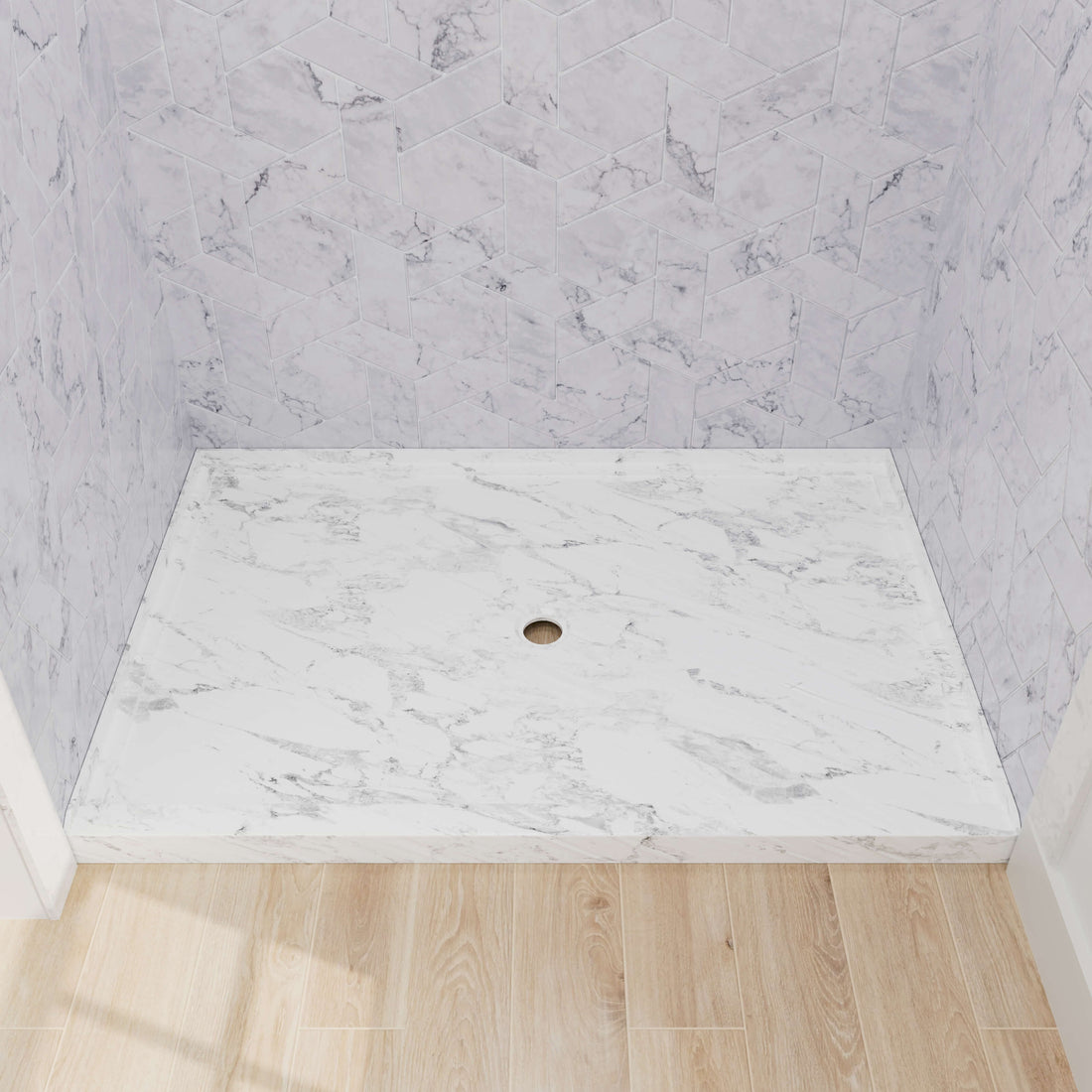 60x 36 inch Marble Pattern Shower Base with Slip-Resistant Texture