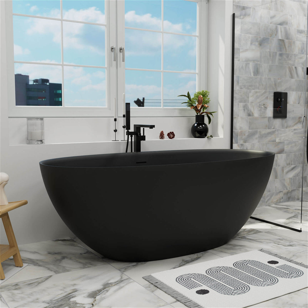 61-inch black oval bathtub, angled bathroom view