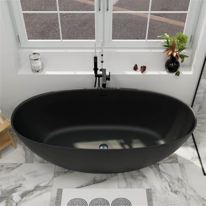 Black oval freestanding bathtub with visible center drain