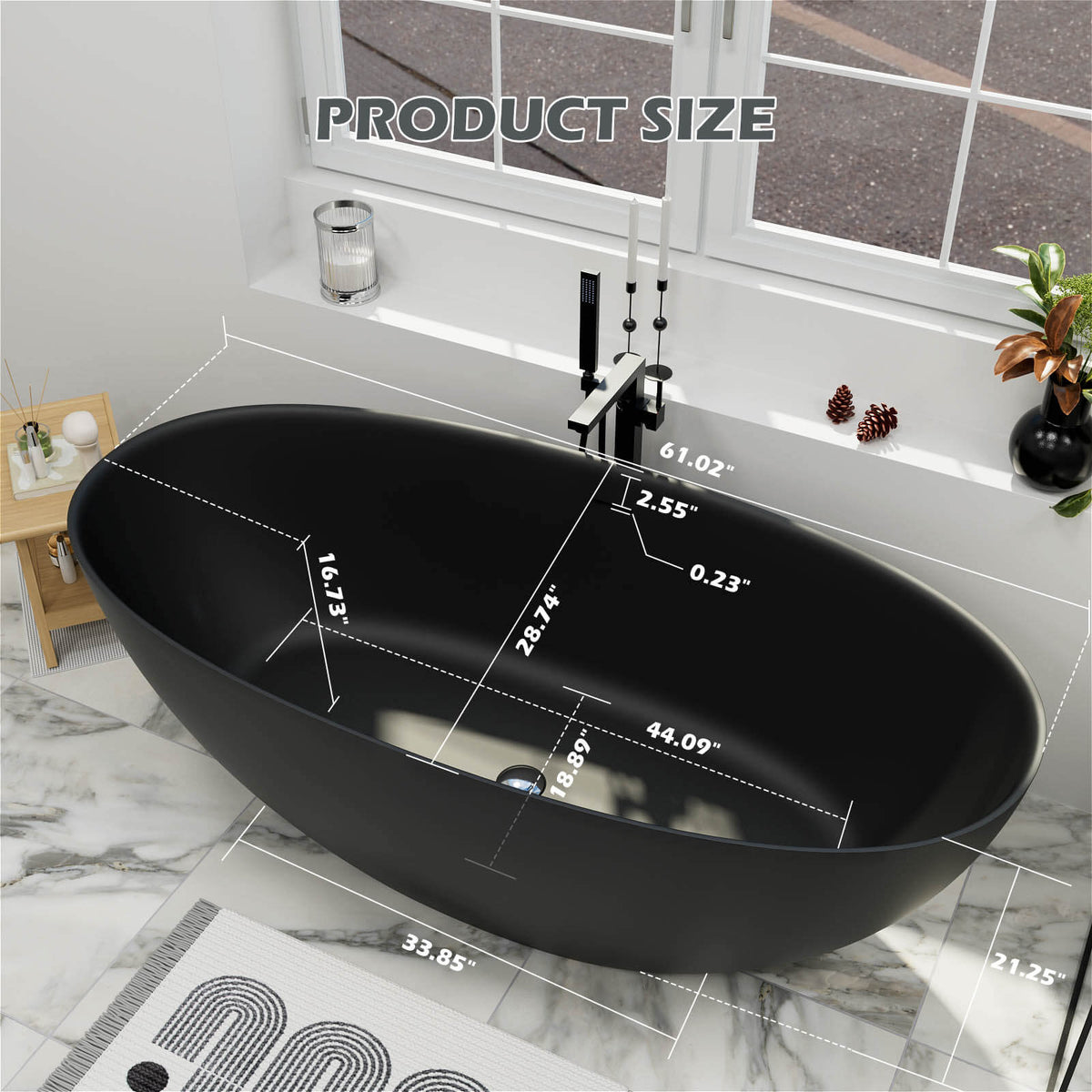 61-inch black oval stone resin bathtub dimension diagram