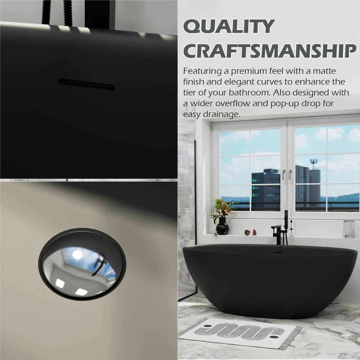 Black stone resin bathtub overflow and pop-up drain details
