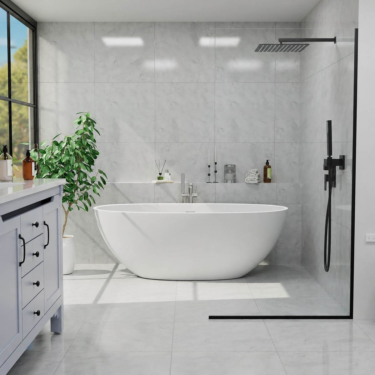 61-inch white freestanding bathtub in a tiled bathroom