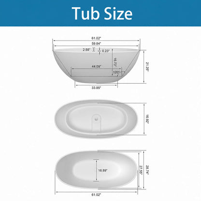 61-inch white oval stone resin bathtub dimension diagram