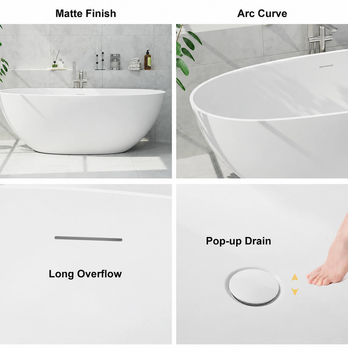 White stone resin tub with matte finish, overflow and drain