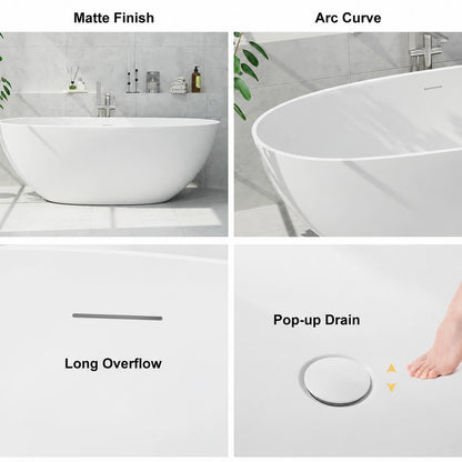 White stone resin tub with matte finish, overflow and drain