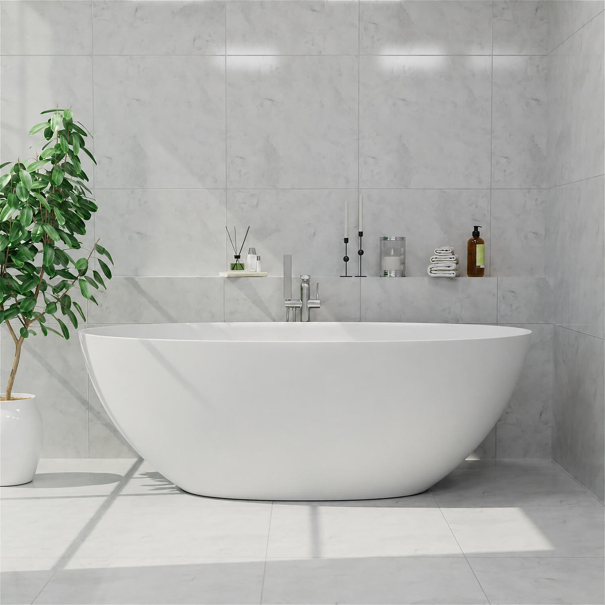 61-inch white stone resin freestanding tub, front view