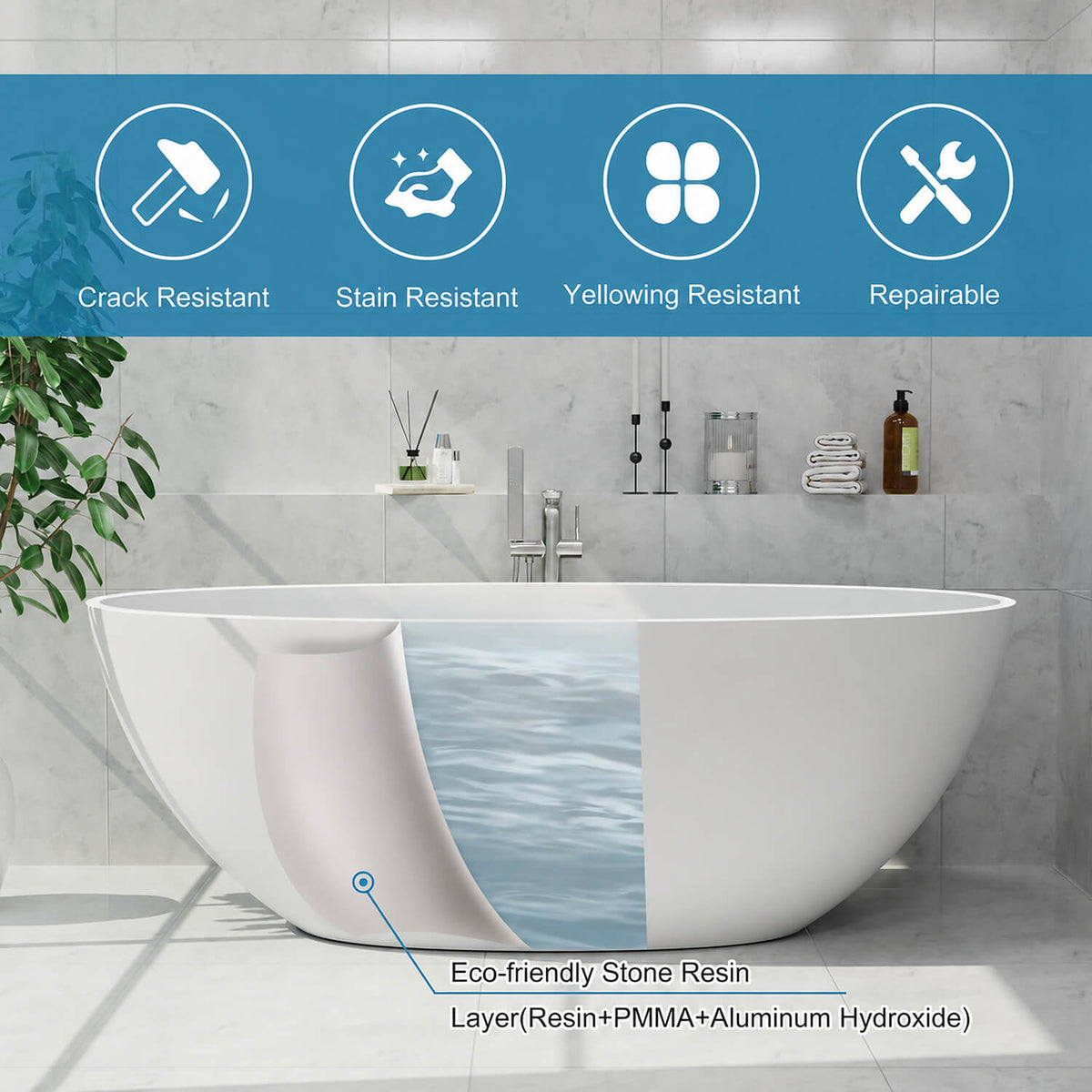 White stone resin bathtub material layers and features