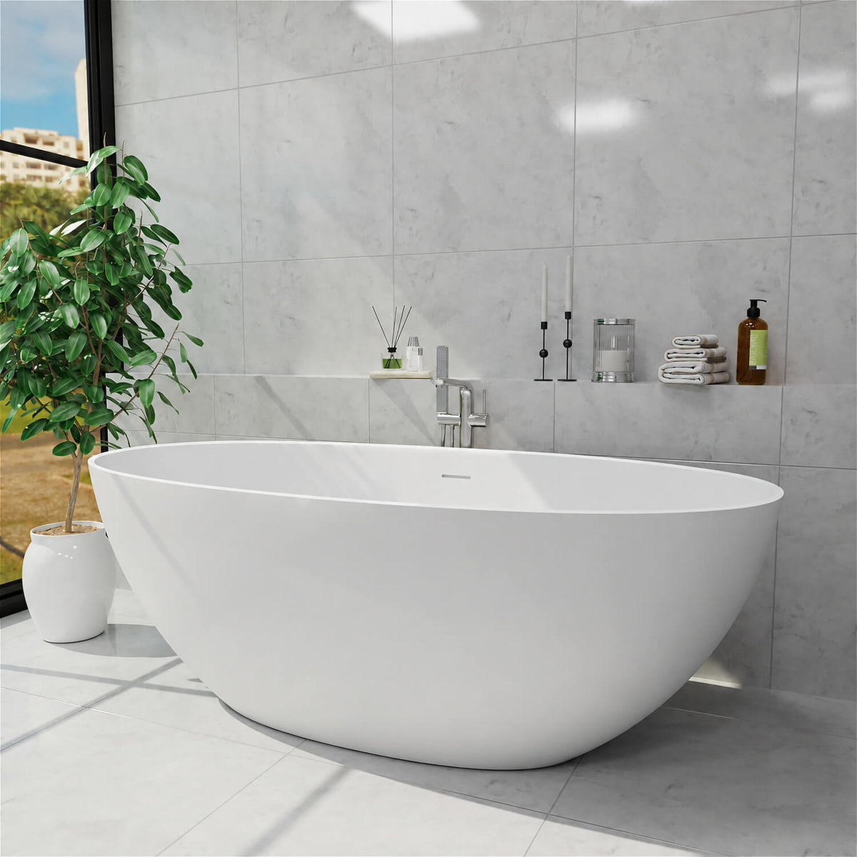 61-inch white oval freestanding bathtub, side view
