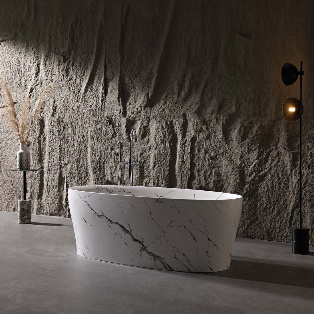 63 in Marble Vein Solid Surface Tub with Ergonomic Backrest
