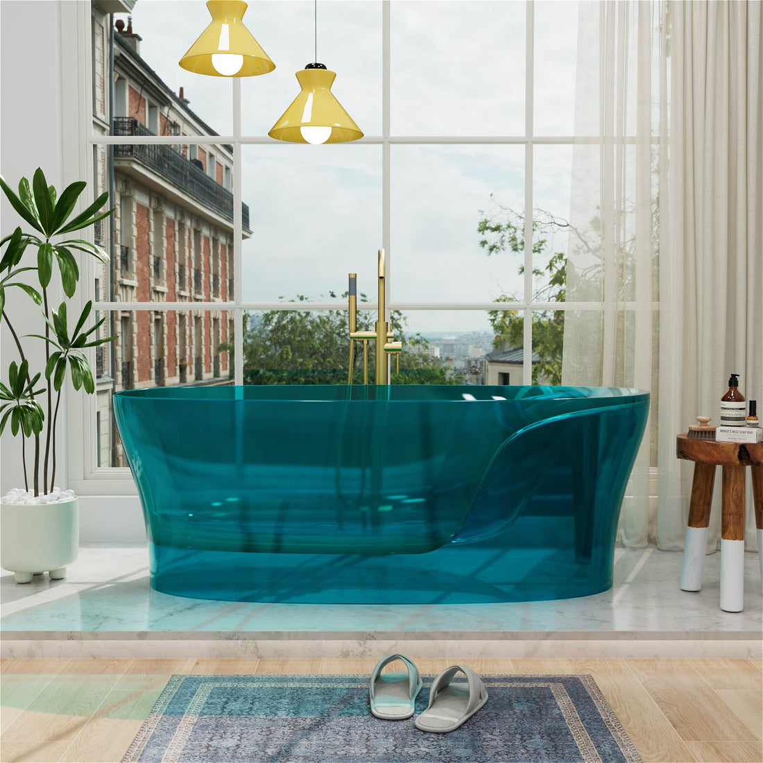 63 in Transparent Teal Resin Soaking Tub with Built In Backrest