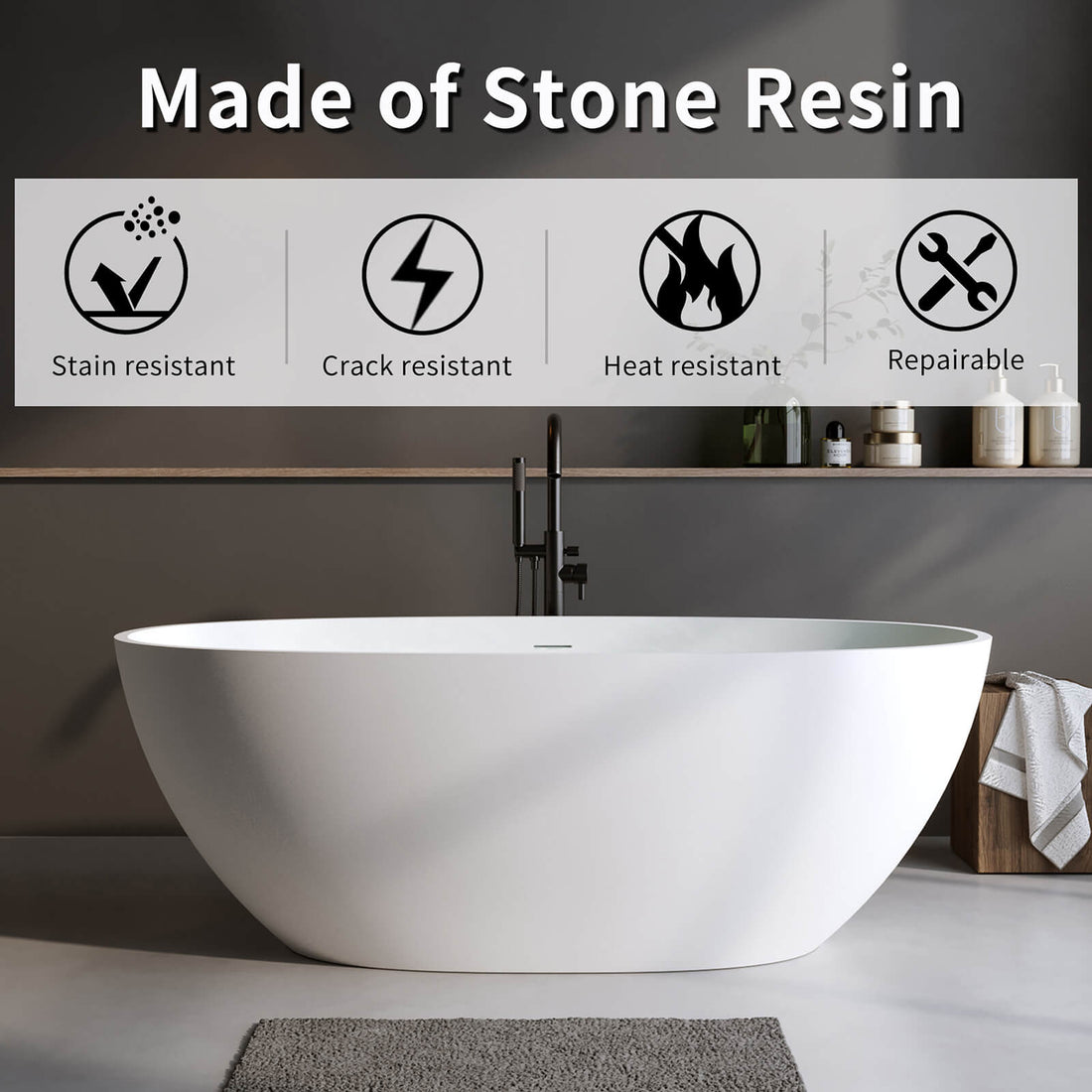 63 inch freestanding bath with non porous stone resin material