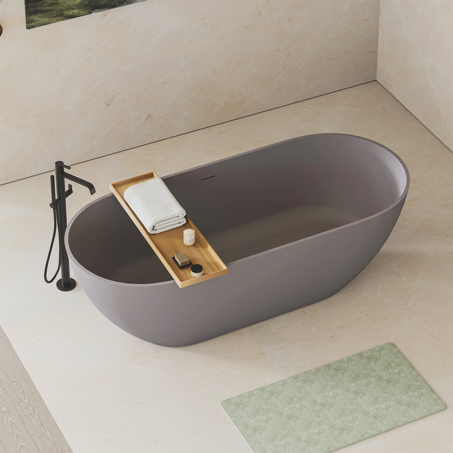 63 inch matte gray engineered stone bathtub with sleek design