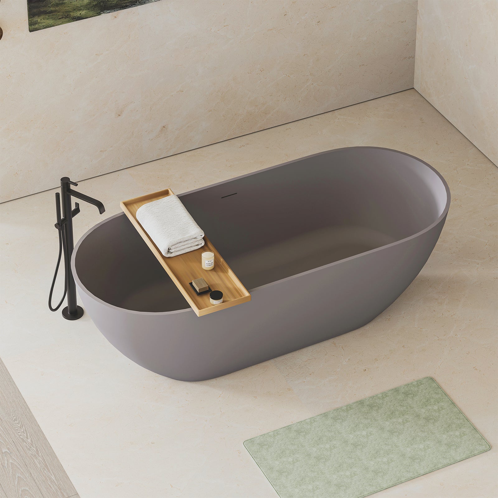 63 inch matte gray engineered stone bathtub with sleek design